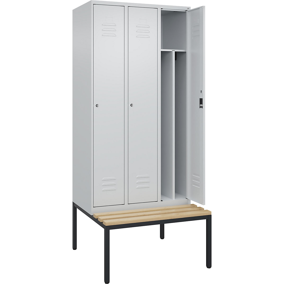 Armadietto sporco/pulito Classic PLUS con panca, stretto – C+P, 3 scomparti, tramezza ridotta, grigio chiaro, largh. 900 mm, serratura a cilindro, panca integrata, legno duro di faggio-0