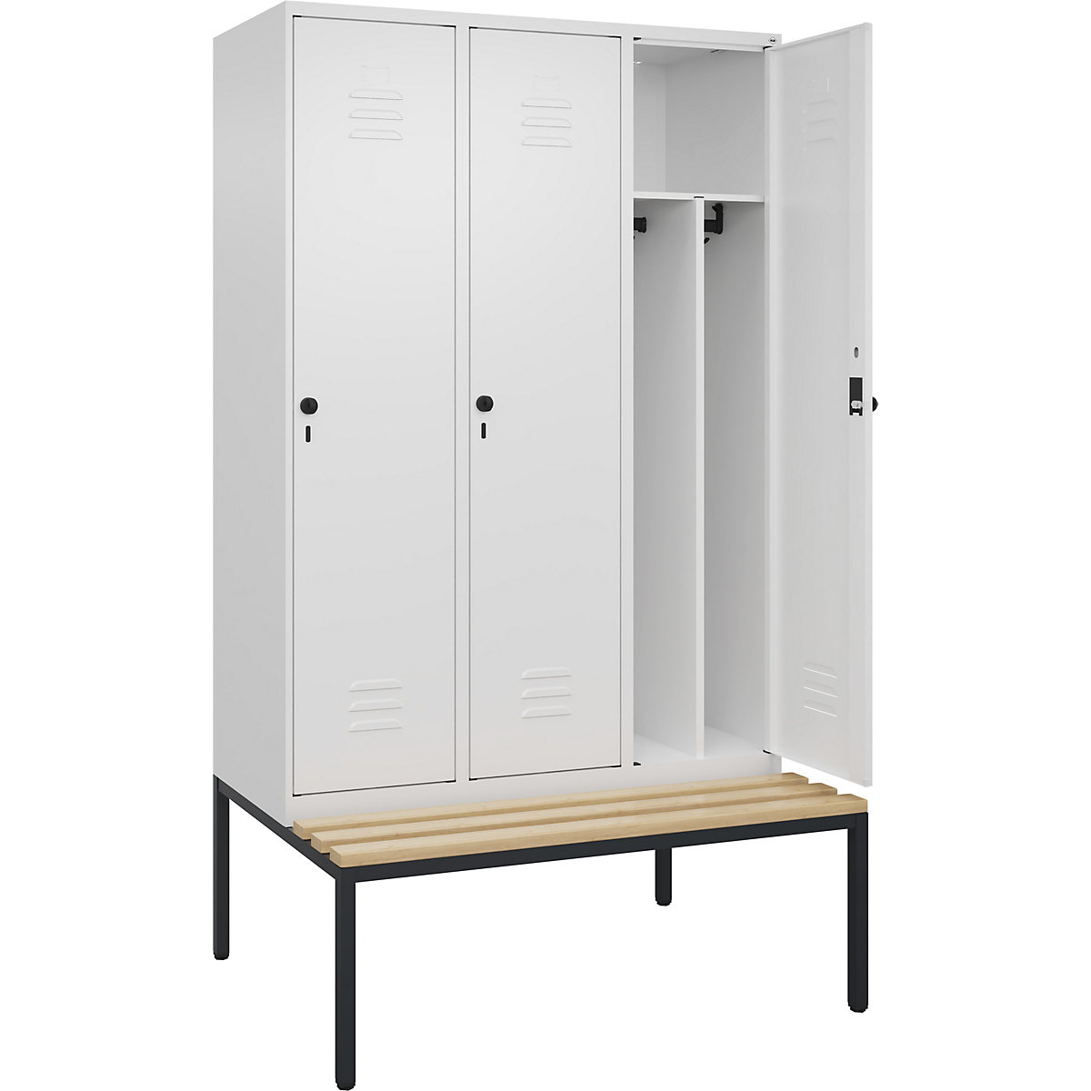 Armadietto sporco/pulito Classic PLUS con panca, stretto – C+P, 3 scomparti, tramezza ridotta, bianco traffico, largh. 1200 mm, serratura girevole di sicurezza, panca integrata, legno duro di faggio-0