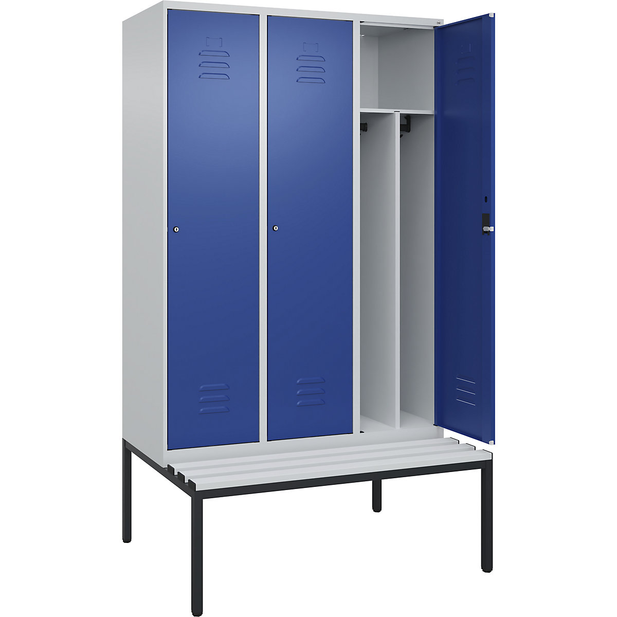 Armadietto sporco/pulito Classic PLUS con panca, stretto – C+P, 3 scomparti, tramezza ridotta, grigio chiaro / blu genziana, largh. 1200 mm, serratura a cilindro, panca integrata, plastica-0