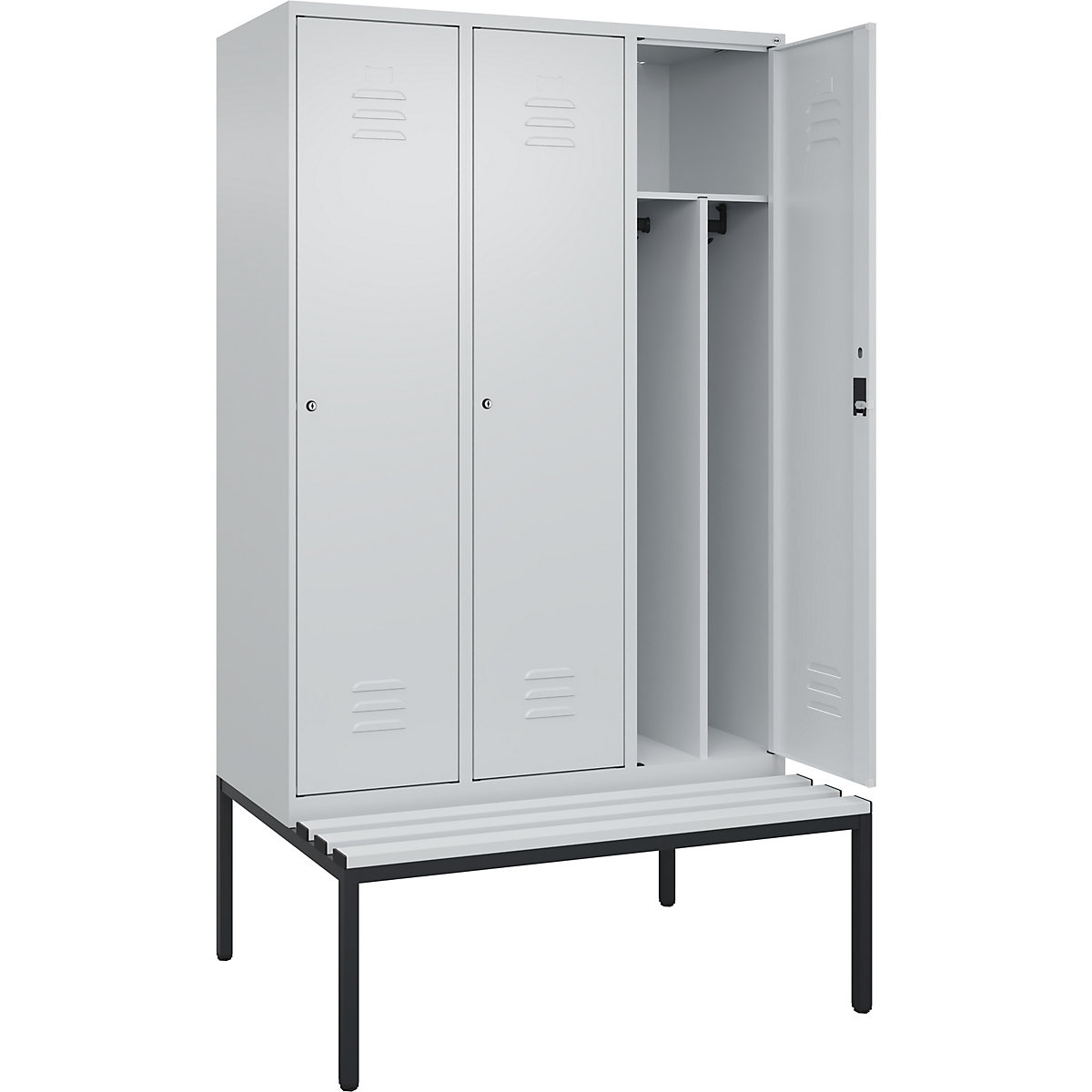 Armadietto sporco/pulito Classic PLUS con panca, stretto – C+P, 3 scomparti, tramezza ridotta, grigio chiaro, largh. 1200 mm, serratura a cilindro, panca integrata, plastica-0