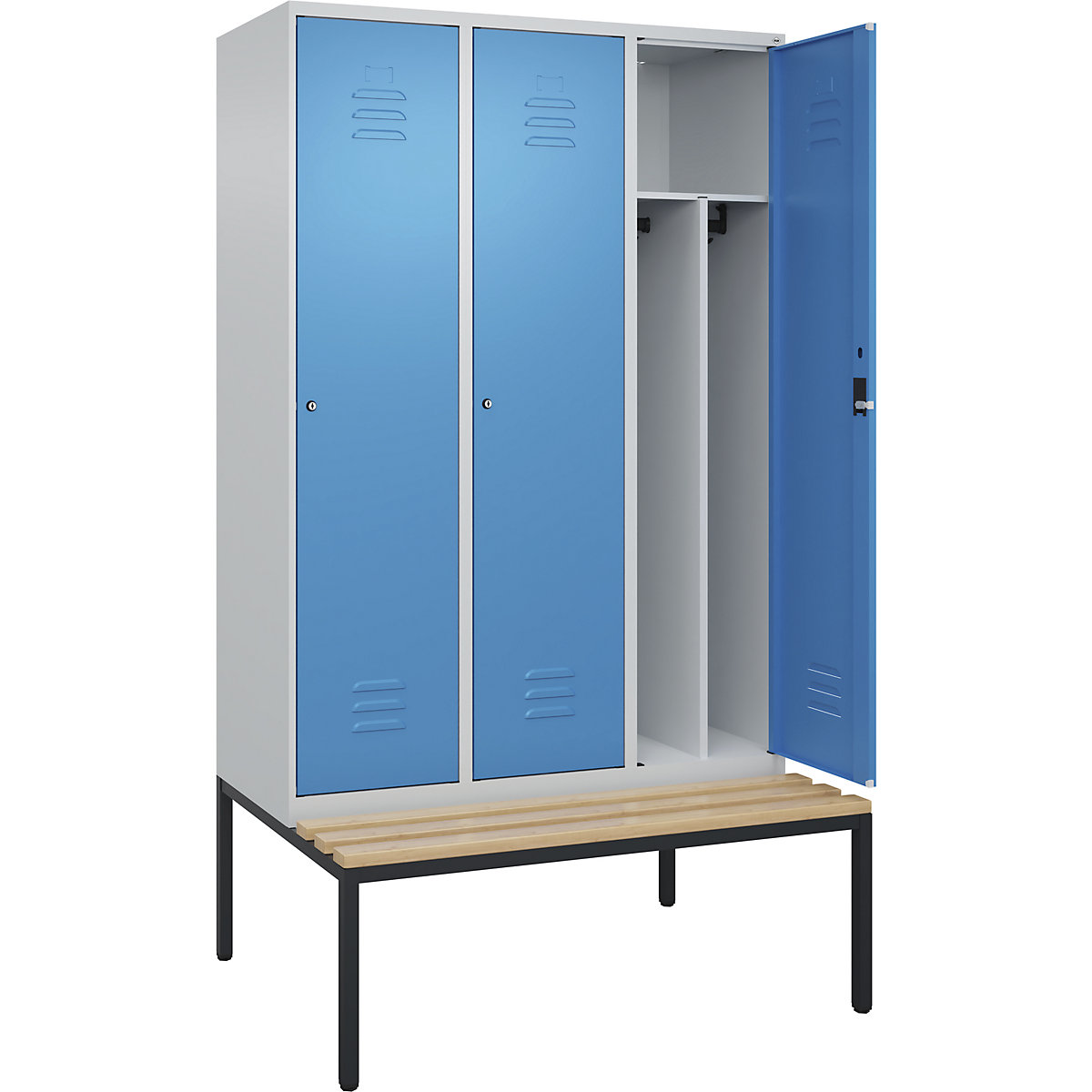 Armadietto sporco/pulito Classic PLUS con panca, stretto – C+P, 3 scomparti, tramezza ridotta, grigio chiaro / blu chiaro, largh. 1200 mm, serratura a cilindro, panca integrata, legno duro di faggio-0