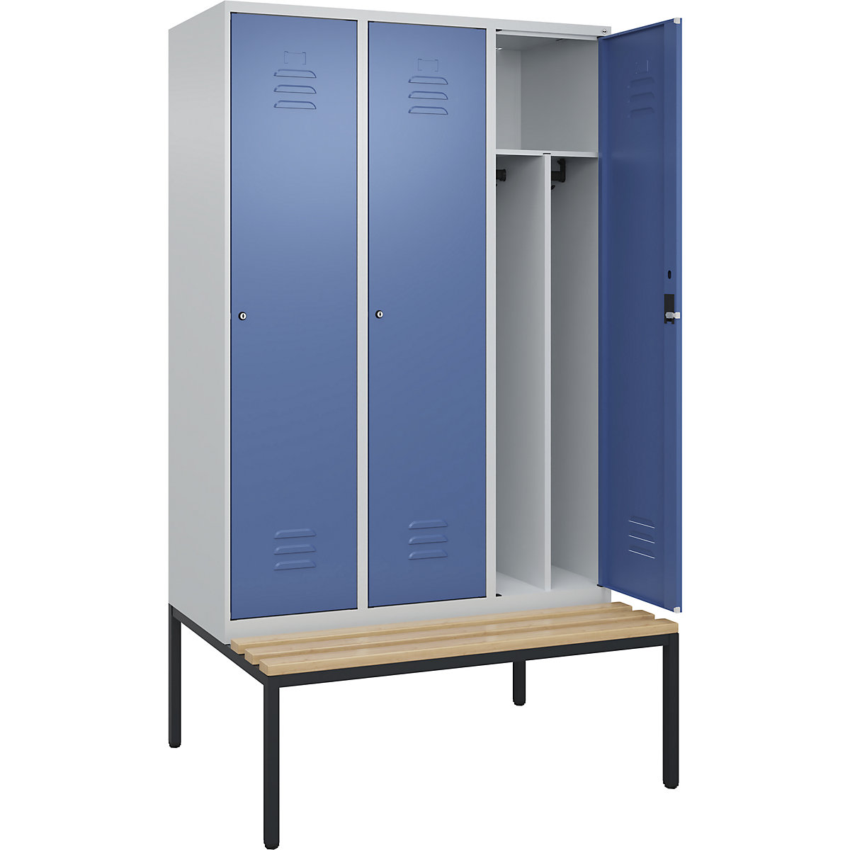 Armadietto sporco/pulito Classic PLUS con panca, stretto – C+P, 3 scomparti, tramezza ridotta, grigio chiaro / indaco, largh. 1200 mm, serratura a cilindro, panca integrata, legno duro di faggio-0