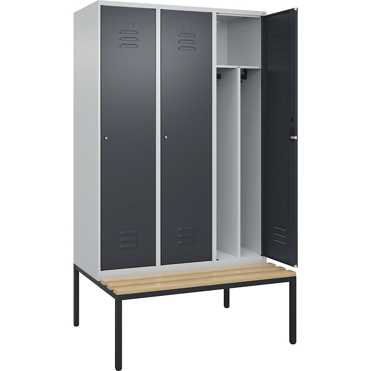 Armadietto sporco/pulito Classic PLUS con panca, stretto – C+P, 3 scomparti, tramezza ridotta, grigio chiaro / grigio, largh. 1200 mm, serratura a cilindro, panca integrata, legno duro di faggio-0