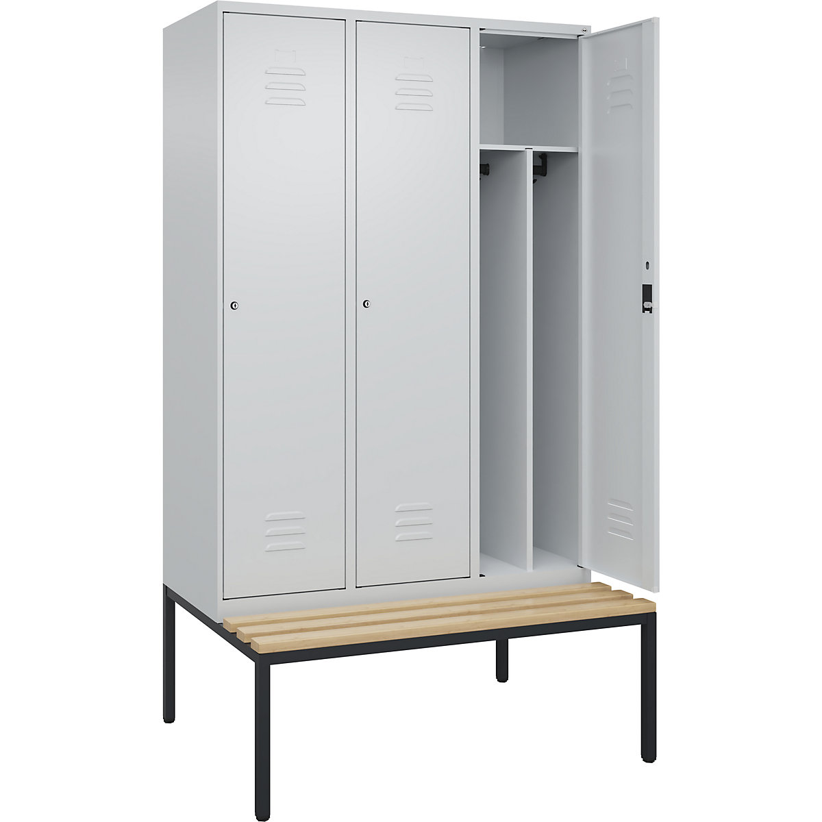 Armadietto sporco/pulito Classic PLUS con panca, stretto – C+P, 3 scomparti, tramezza ridotta, grigio chiaro, largh. 1200 mm, serratura a cilindro, panca integrata, legno duro di faggio-0