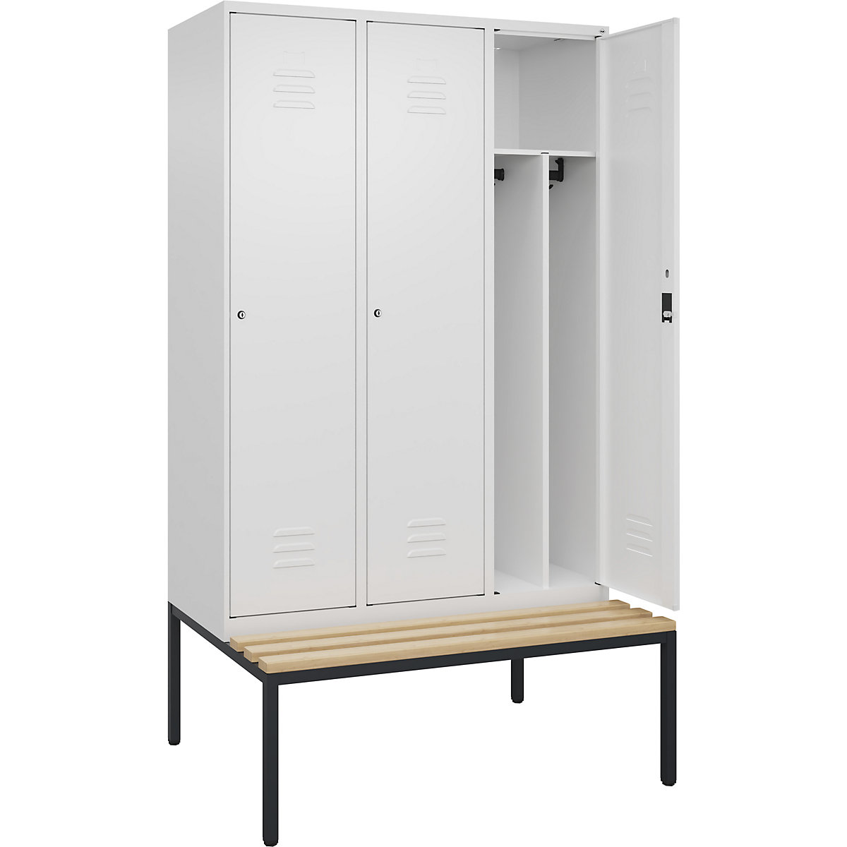 Armadietto sporco/pulito Classic PLUS con panca, stretto – C+P, 3 scomparti, tramezza ridotta, bianco traffico, largh. 1200 mm, serratura a cilindro, panca integrata, legno duro di faggio-0