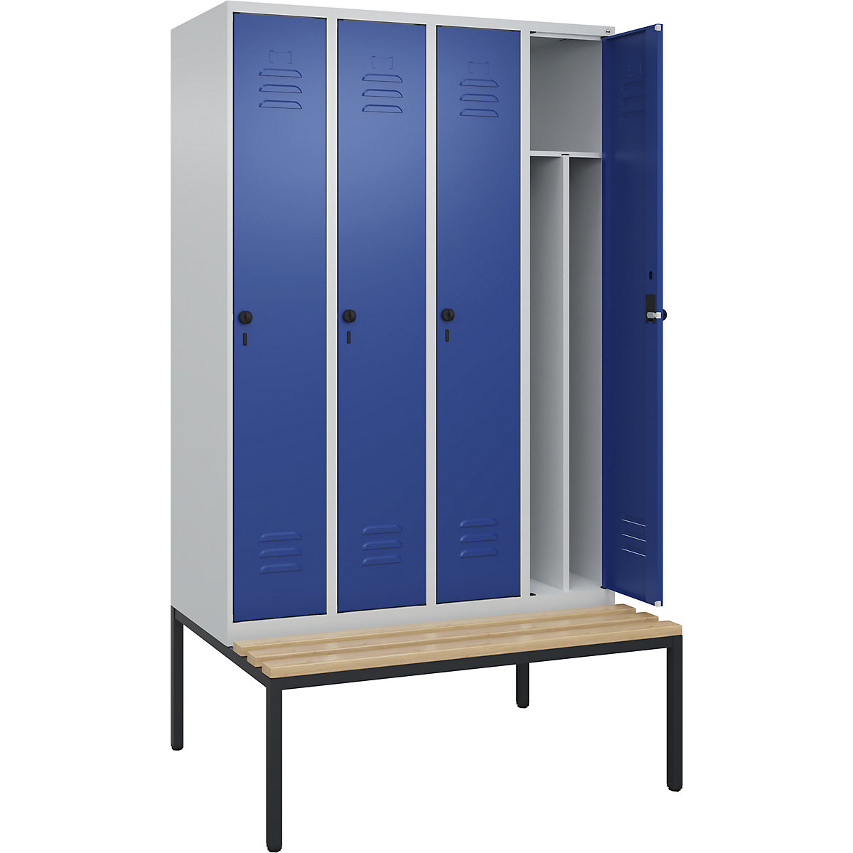 Armadietto sporco/pulito Classic PLUS con panca, stretto – C+P, 4 scomparti, tramezza ridotta, grigio chiaro / blu genziana, largh. 1200 mm, serratura girevole di sicurezza, panca integrata, legno duro di faggio-0