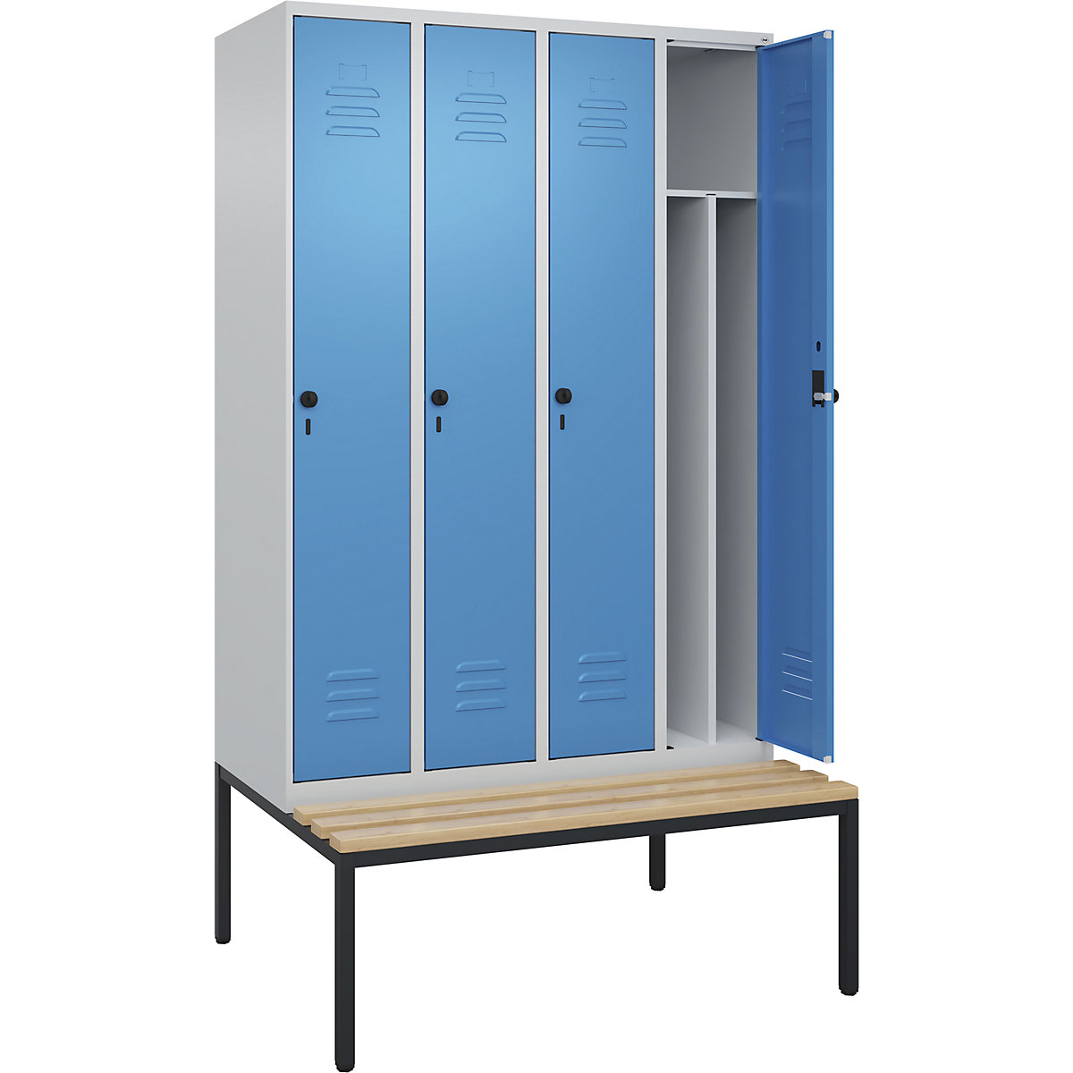 Armadietto sporco/pulito Classic PLUS con panca, stretto – C+P, 4 scomparti, tramezza ridotta, grigio chiaro / blu chiaro, largh. 1200 mm, serratura girevole di sicurezza, panca integrata, legno duro di faggio-0