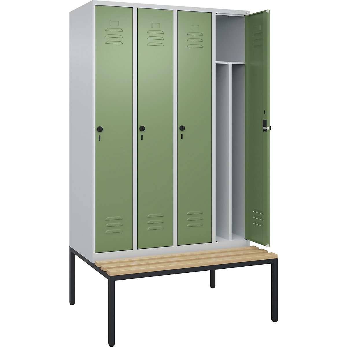 Armadietto sporco/pulito Classic PLUS con panca, stretto – C+P, 4 scomparti, tramezza ridotta, grigio chiaro / verde reseda, largh. 1200 mm, serratura girevole di sicurezza, panca integrata, legno duro di faggio-0