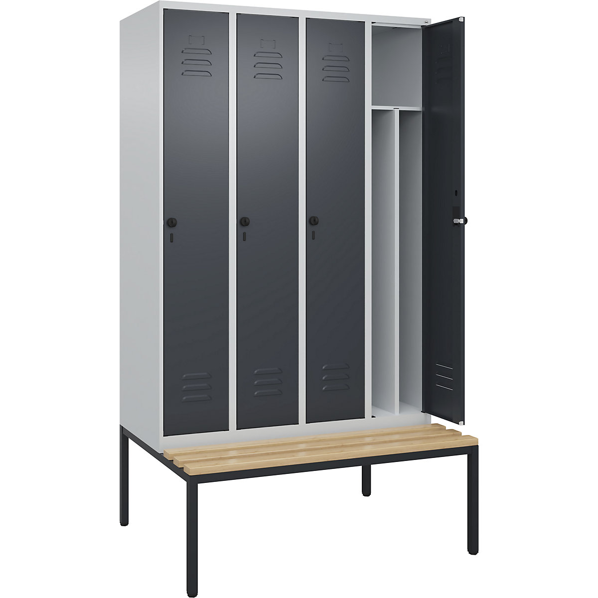 Armadietto sporco/pulito Classic PLUS con panca, stretto – C+P, 4 scomparti, tramezza ridotta, grigio chiaro / grigio, largh. 1200 mm, serratura girevole di sicurezza, panca integrata, legno duro di faggio-0