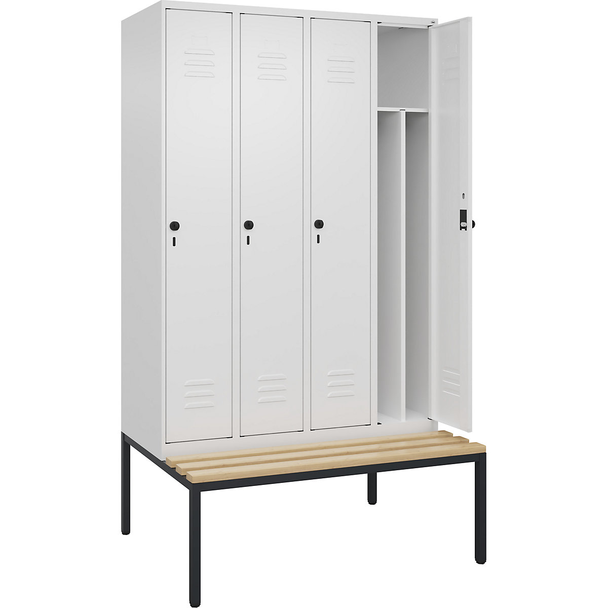Armadietto sporco/pulito Classic PLUS con panca, stretto – C+P, 4 scomparti, tramezza ridotta, bianco traffico, largh. 1200 mm, serratura girevole di sicurezza, panca integrata, legno duro di faggio-0
