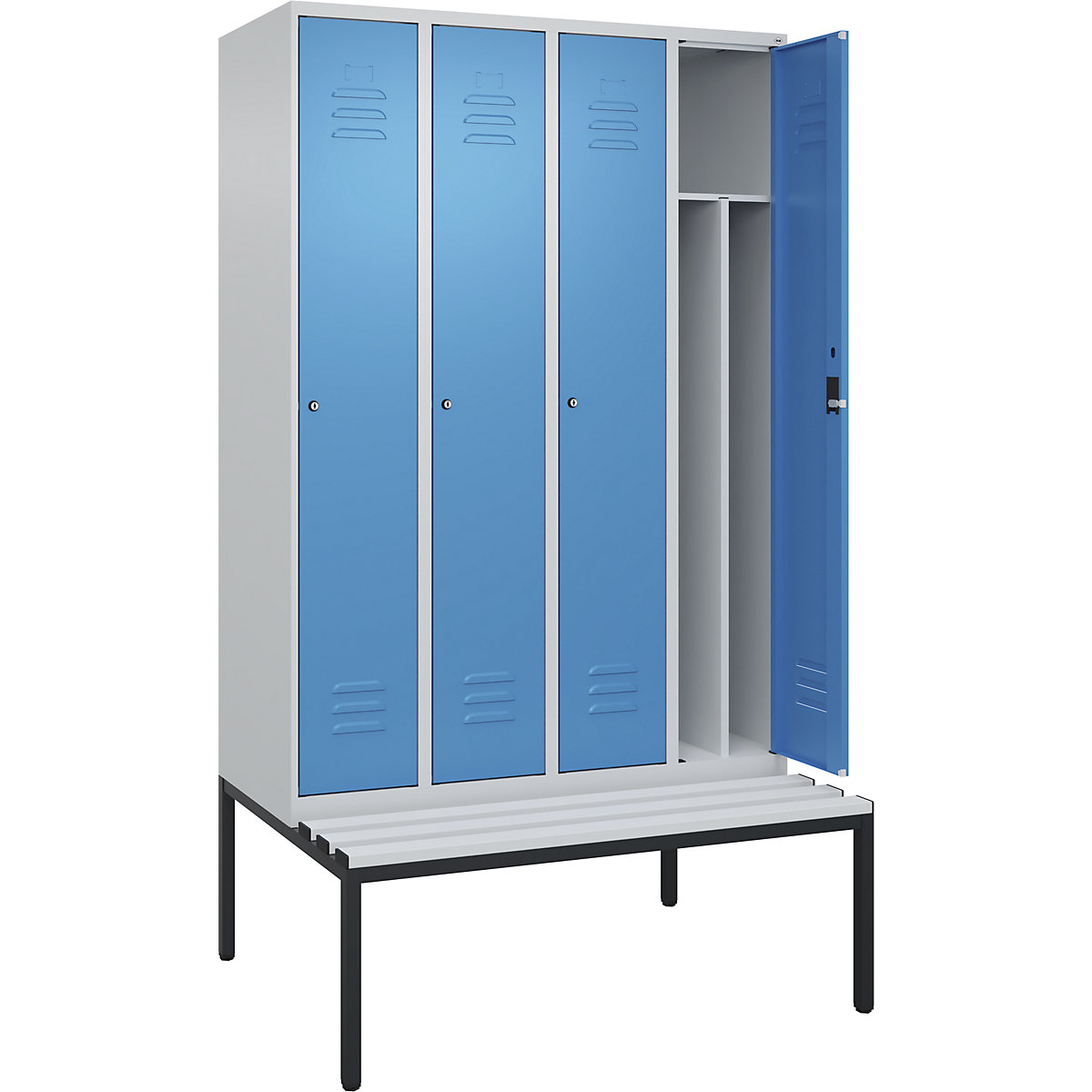 Armadietto sporco/pulito Classic PLUS con panca, stretto – C+P, 4 scomparti, tramezza ridotta, grigio chiaro / blu chiaro, largh. 1200 mm, serratura a cilindro, panca integrata, plastica-0