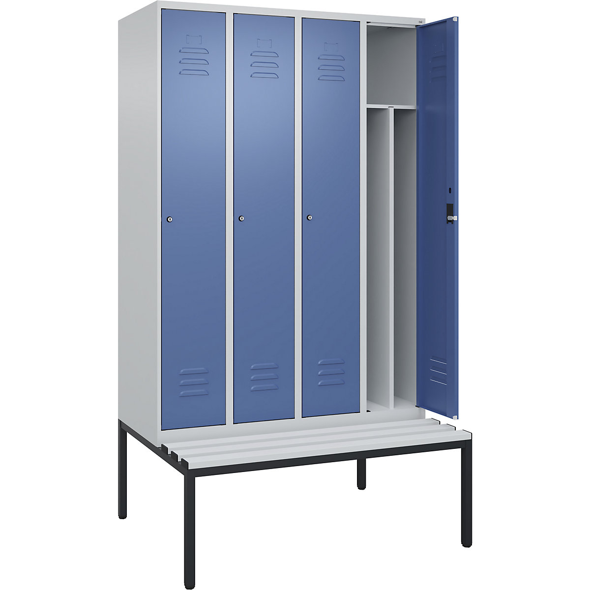 Armadietto sporco/pulito Classic PLUS con panca, stretto – C+P, 4 scomparti, tramezza ridotta, grigio chiaro / indaco, largh. 1200 mm, serratura a cilindro, panca integrata, plastica-0