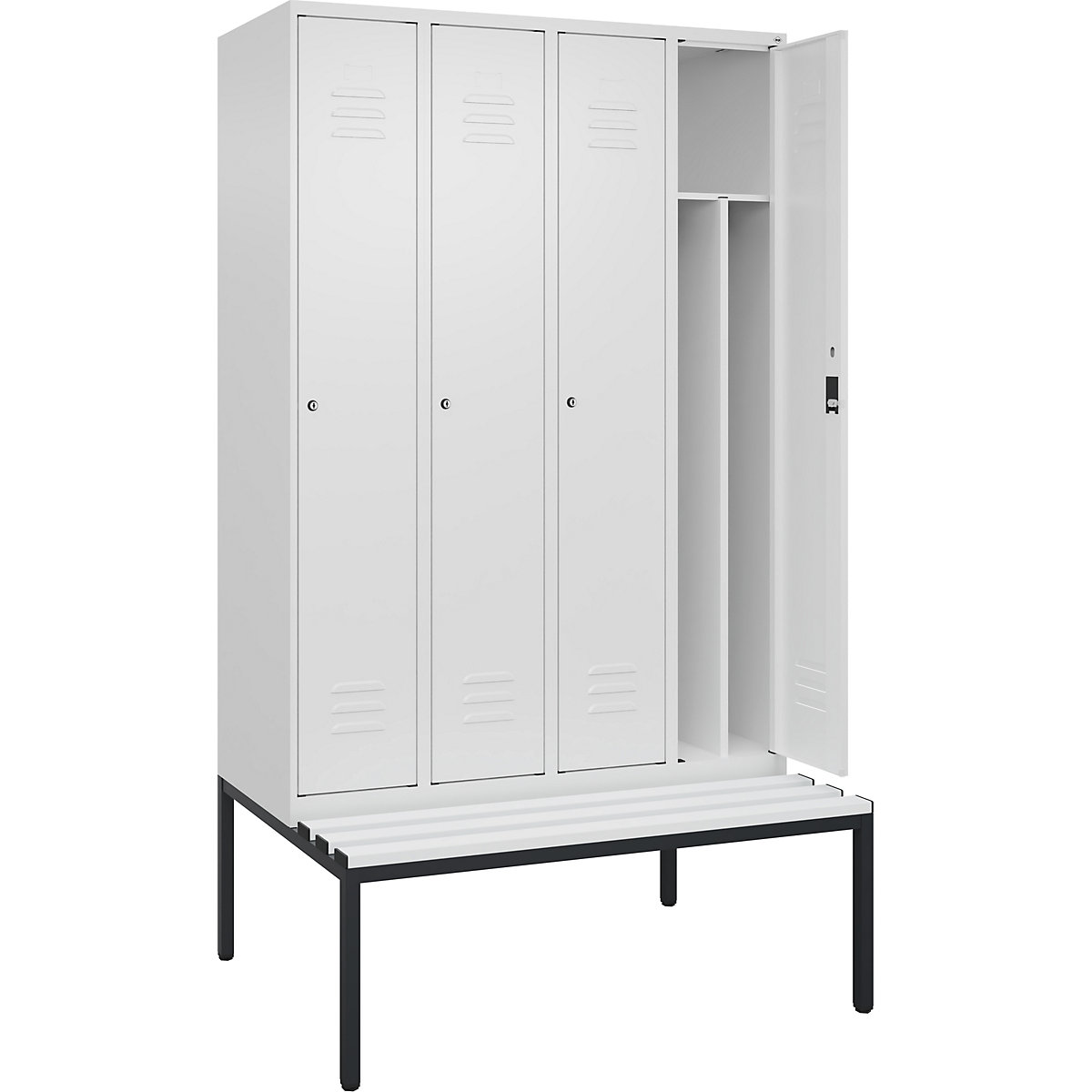 Armadietto sporco/pulito Classic PLUS con panca, stretto – C+P, 4 scomparti, tramezza ridotta, bianco traffico, largh. 1200 mm, serratura a cilindro, panca integrata, plastica-0