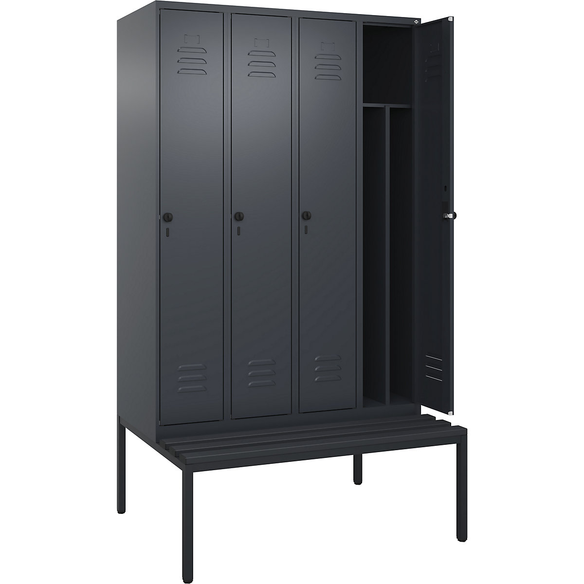 Armadietto sporco/pulito Classic PLUS con panca, stretto – C+P, 4 scomparti, tramezza ridotta, grigio, largh. 1200 mm, serratura girevole di sicurezza, panca integrata, plastica-0
