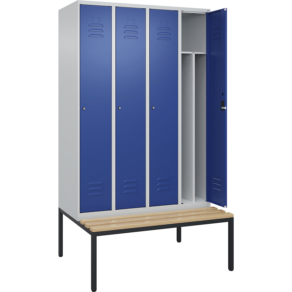 Armadietto sporco/pulito Classic PLUS con panca, stretto – C+P, 4 scomparti, tramezza ridotta, grigio chiaro / blu genziana, largh. 1200 mm, serratura a cilindro, panca integrata, legno duro di faggio-0