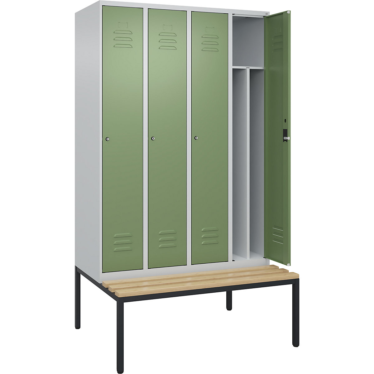 Armadietto sporco/pulito Classic PLUS con panca, stretto – C+P, 4 scomparti, tramezza ridotta, grigio chiaro / verde reseda, largh. 1200 mm, serratura a cilindro, panca integrata, legno duro di faggio-0
