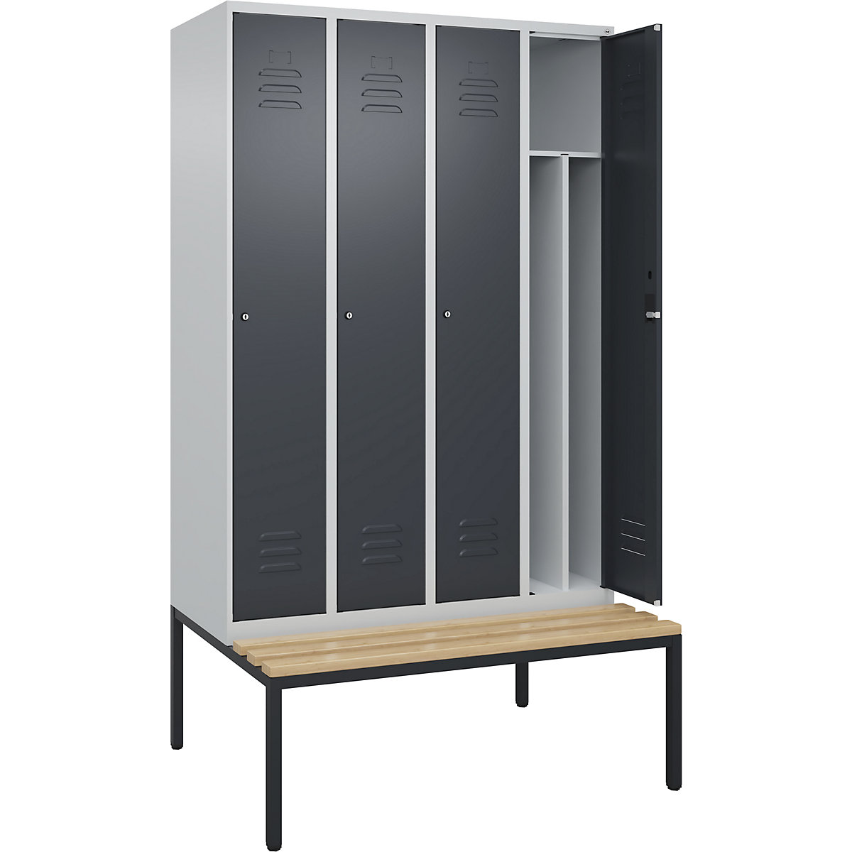Armadietto sporco/pulito Classic PLUS con panca, stretto – C+P, 4 scomparti, tramezza ridotta, grigio chiaro / grigio, largh. 1200 mm, serratura a cilindro, panca integrata, legno duro di faggio-0