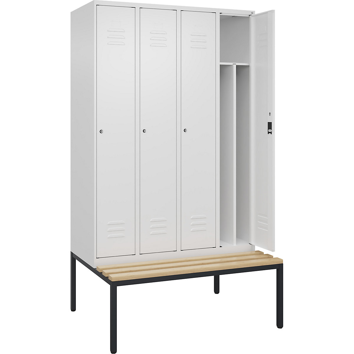 Armadietto sporco/pulito Classic PLUS con panca, stretto – C+P, 4 scomparti, tramezza ridotta, bianco traffico, largh. 1200 mm, serratura a cilindro, panca integrata, legno duro di faggio-0