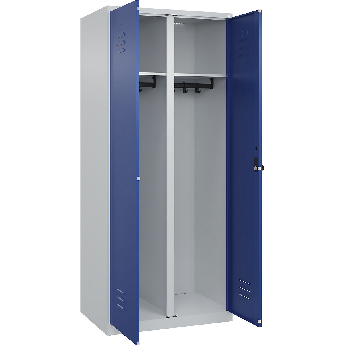 Armadietto sporco/pulito Classic PLUS – C+P, 1 scomparto, grigio chiaro / blu genziana, alt. x largh. 1850 x 800 mm, con piedini a pavimento, serratura girevole-0