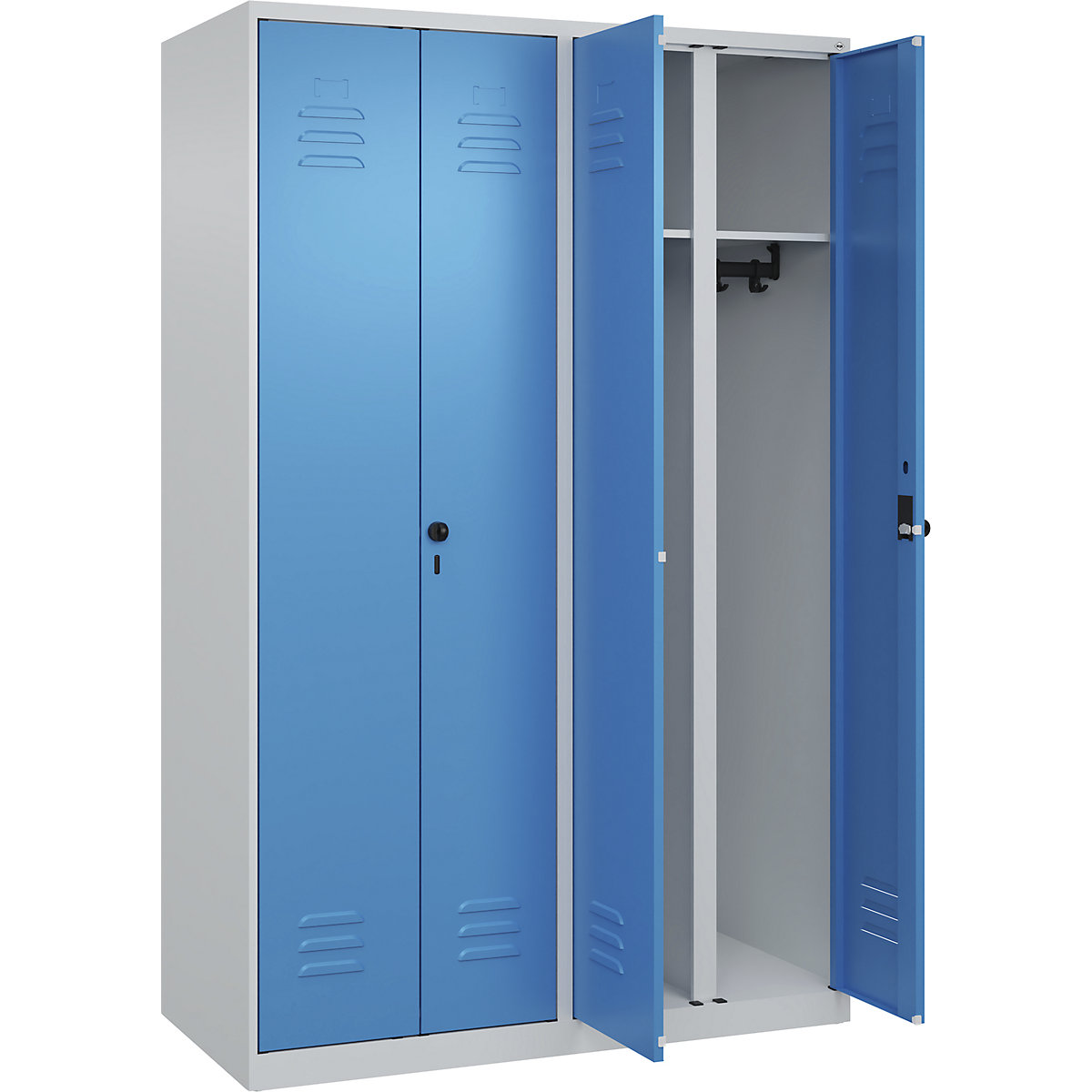 Armadietto sporco/pulito Classic PLUS – C+P, 2 scomparti, grigio chiaro / blu chiaro, alt. x largh. 1850 x 1200 mm, con piedini a pavimento, serratura girevole-0
