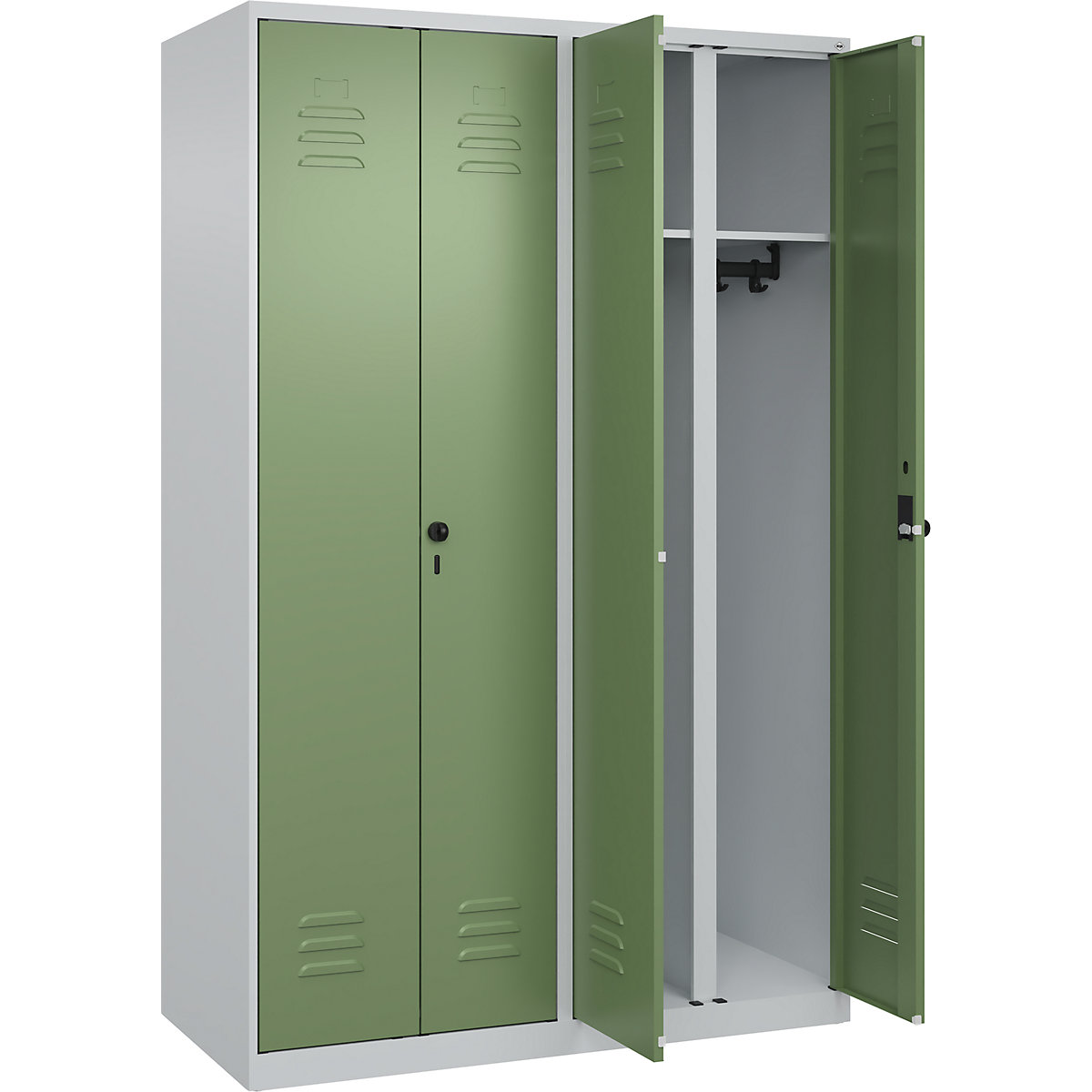 Armadietto sporco/pulito Classic PLUS – C+P, 2 scomparti, grigio chiaro / verde reseda, alt. x largh. 1850 x 1200 mm, con piedini a pavimento, serratura girevole-0