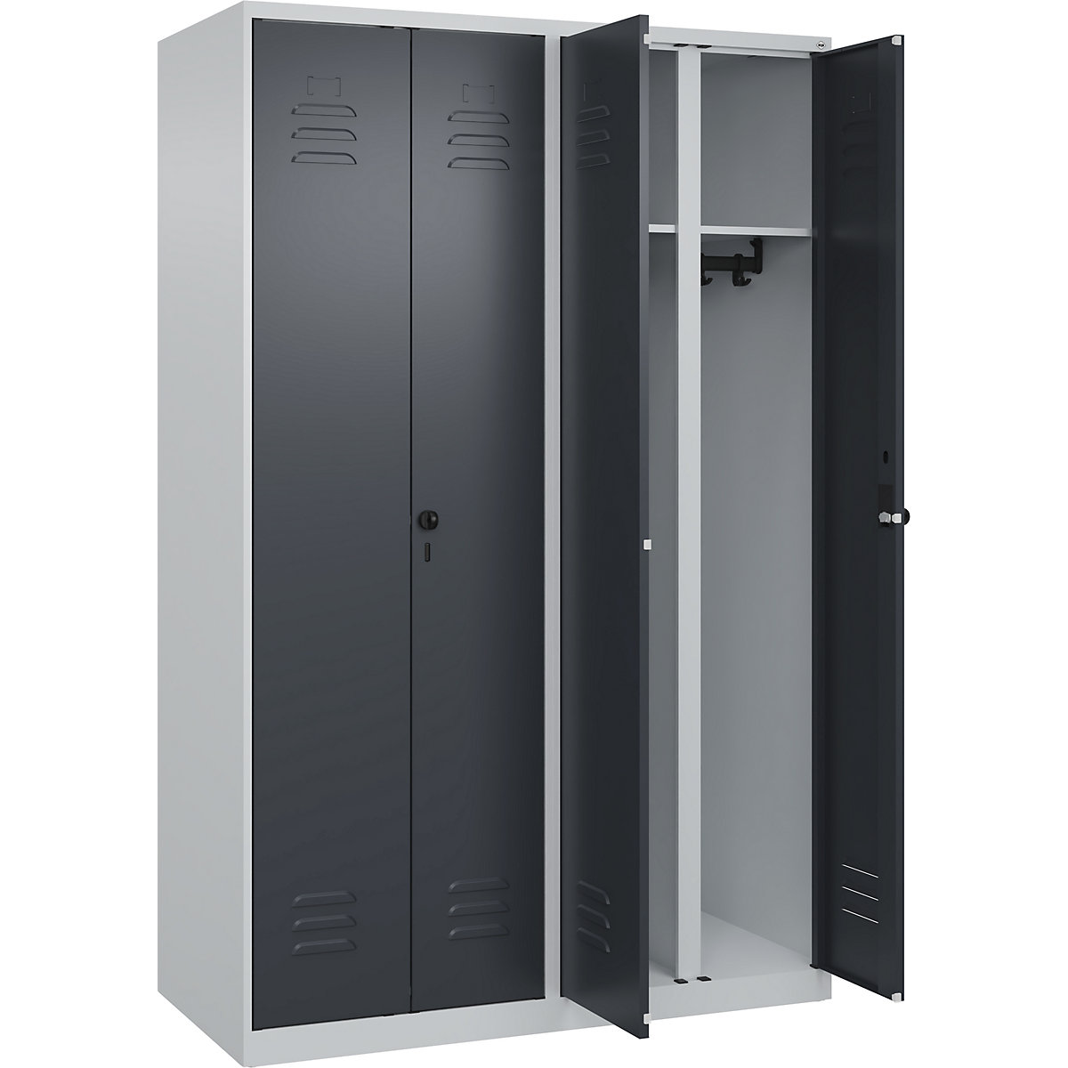 Armadietto sporco/pulito Classic PLUS – C+P, 2 scomparti, grigio chiaro / grigio, alt. x largh. 1850 x 1200 mm, con piedini a pavimento, serratura girevole-0