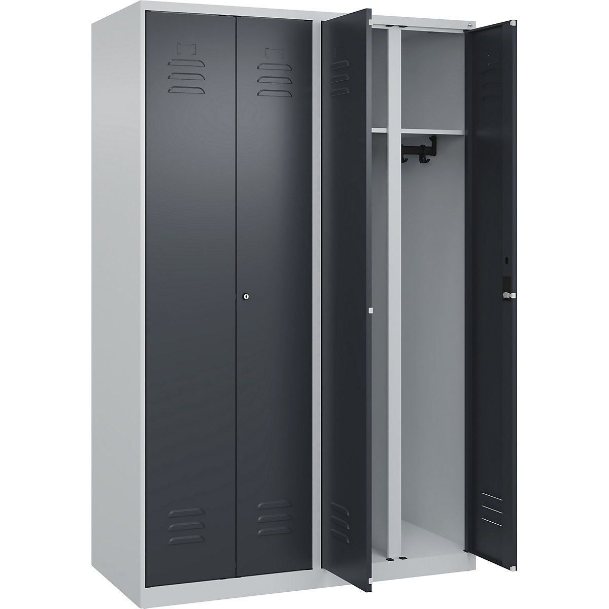Armadietto sporco/pulito Classic PLUS – C+P, 2 scomparti, grigio chiaro / grigio, alt. x largh. 1850 x 1200 mm, con piedini a pavimento, serratura a cilindro-0