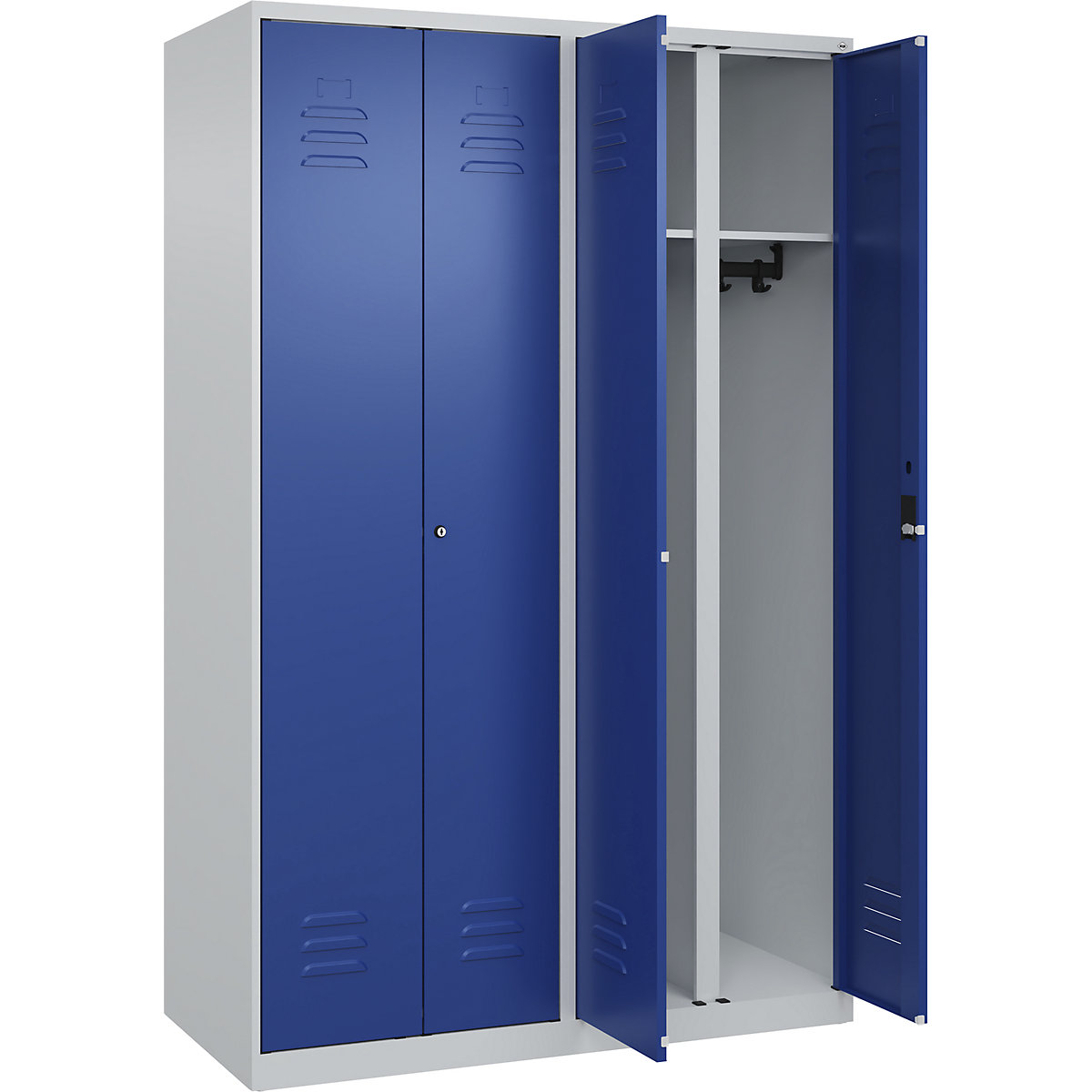 Armadietto sporco/pulito Classic PLUS – C+P, 2 scomparti, grigio chiaro / blu genziana, alt. x largh. 1850 x 1200 mm, con piedini a pavimento, serratura a cilindro-0