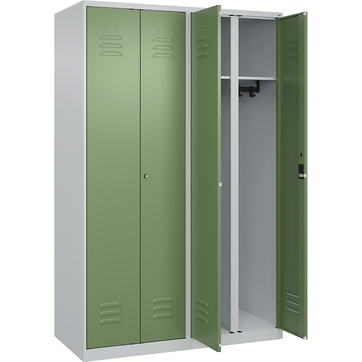 Armadietto sporco/pulito Classic PLUS – C+P, 2 scomparti, grigio chiaro / verde reseda, alt. x largh. 1850 x 1200 mm, con piedini a pavimento, serratura a cilindro-0