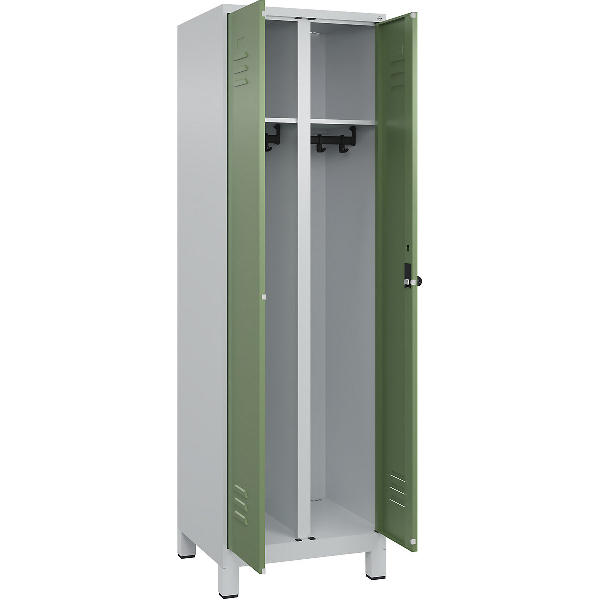 Armadietto sporco/pulito Classic PLUS – C+P, 1 scomparto, grigio chiaro / verde reseda, alt. x largh. 1950 x 600 mm, con piedini, serratura girevole-0