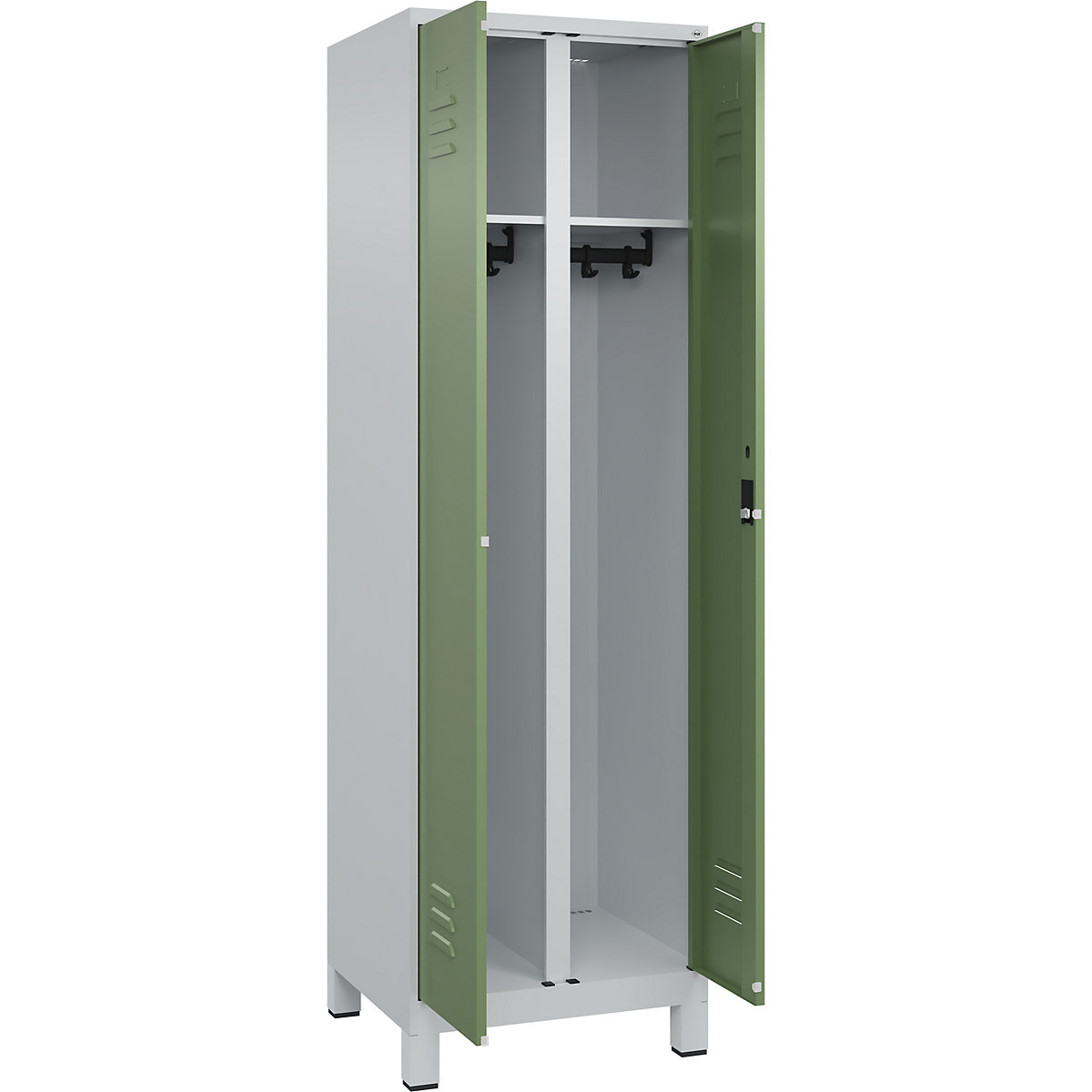 Armadietto sporco/pulito Classic PLUS – C+P, 1 scomparto, grigio chiaro / verde reseda, alt. x largh. 1950 x 600 mm, con piedini, serratura a cilindro-0