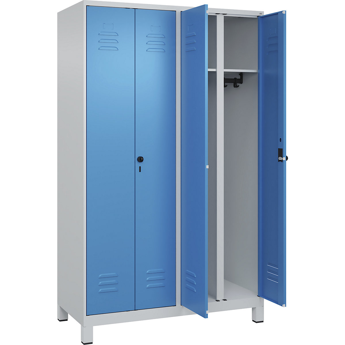 Armadietto sporco/pulito Classic PLUS – C+P, 2 scomparti, grigio chiaro / blu chiaro, alt. x largh. 1950 x 1200 mm, con piedini, serratura girevole-0