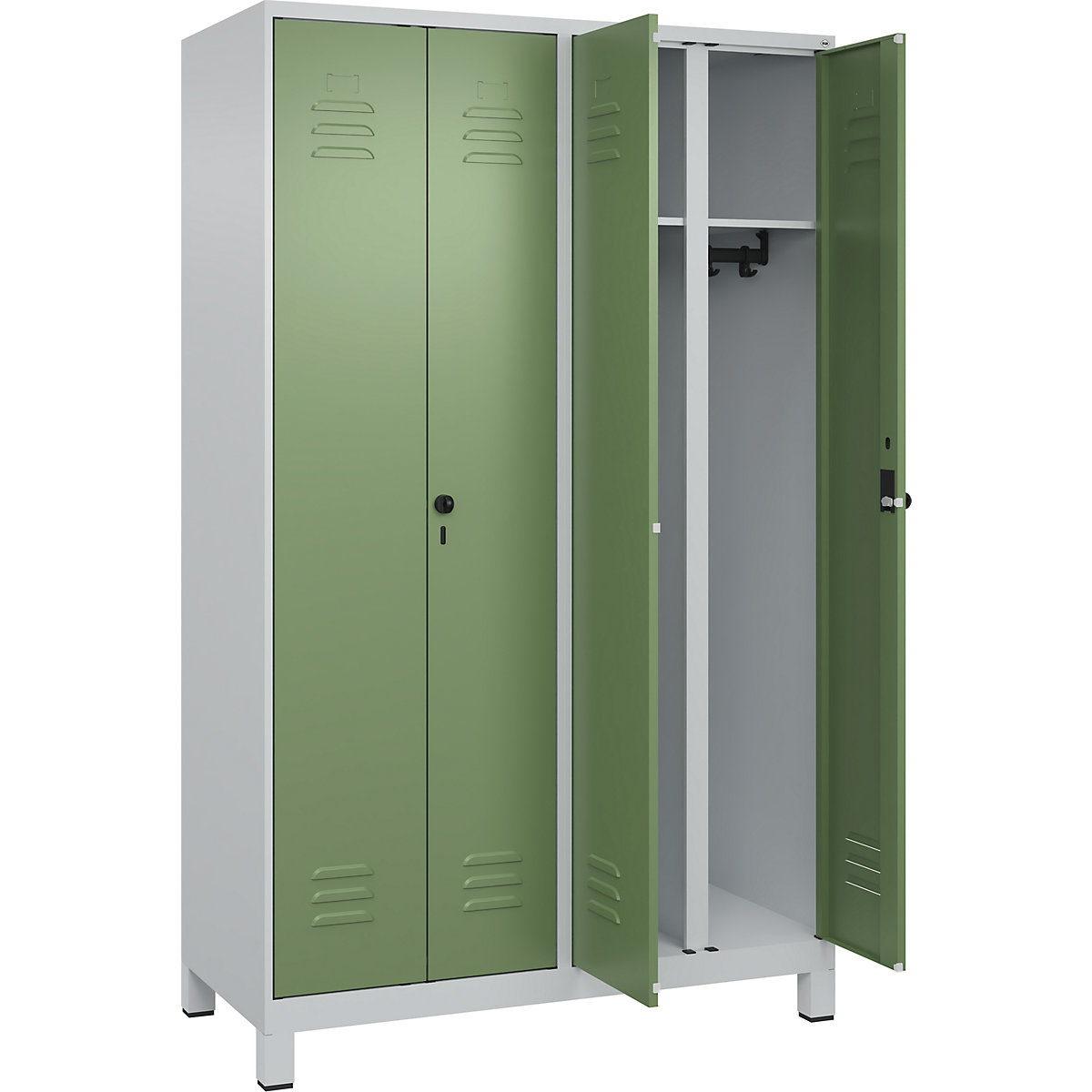 Armadietto sporco/pulito Classic PLUS – C+P, 2 scomparti, grigio chiaro / verde reseda, alt. x largh. 1950 x 1200 mm, con piedini, serratura girevole-0