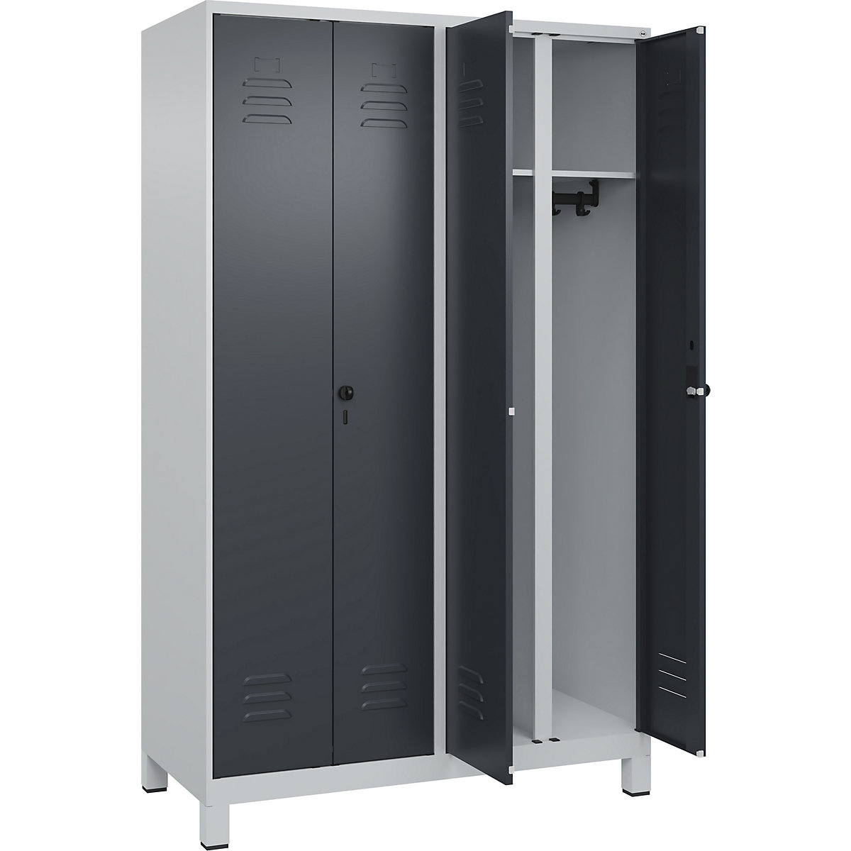 Armadietto sporco/pulito Classic PLUS – C+P, 2 scomparti, grigio chiaro / grigio, alt. x largh. 1950 x 1200 mm, con piedini, serratura girevole-0