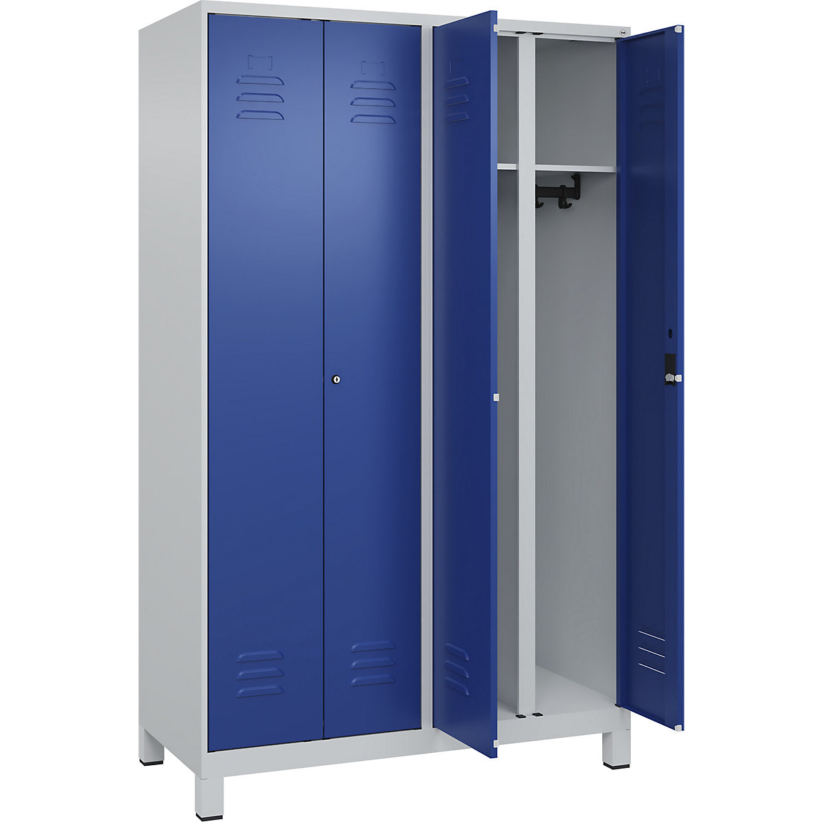 Armadietto sporco/pulito Classic PLUS – C+P, 2 scomparti, grigio chiaro / blu genziana, alt. x largh. 1950 x 1200 mm, con piedini, serratura a cilindro-0