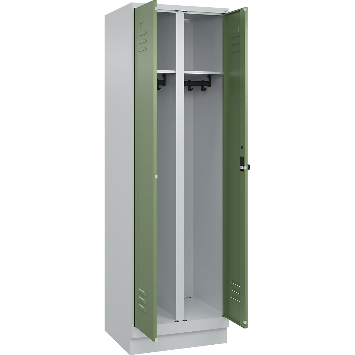 Armadietto sporco/pulito Classic PLUS – C+P, 1 scomparto, grigio chiaro / verde reseda, alt. x largh. 1950 x 600 mm, con zoccolino, serratura girevole-0