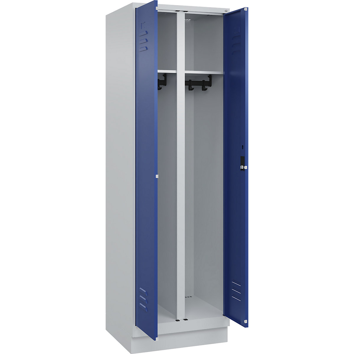 Armadietto sporco/pulito Classic PLUS – C+P, 1 scomparto, grigio chiaro / blu genziana, alt. x largh. 1950 x 600 mm, con zoccolino, serratura a cilindro-0