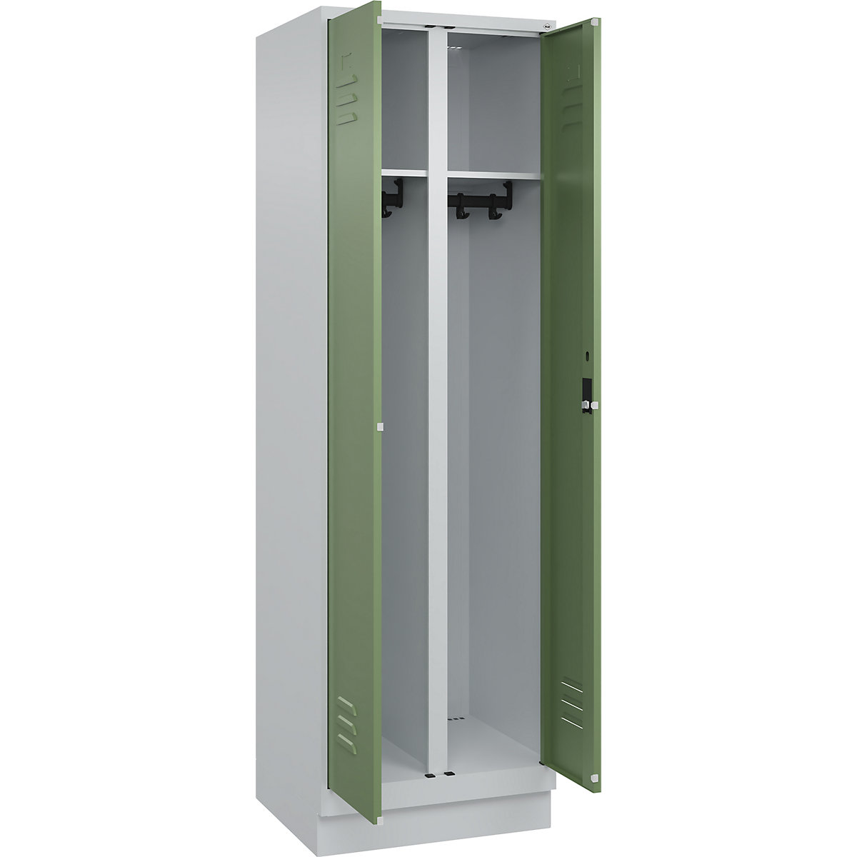 Armadietto sporco/pulito Classic PLUS – C+P, 1 scomparto, grigio chiaro / verde reseda, alt. x largh. 1950 x 600 mm, con zoccolino, serratura a cilindro-0