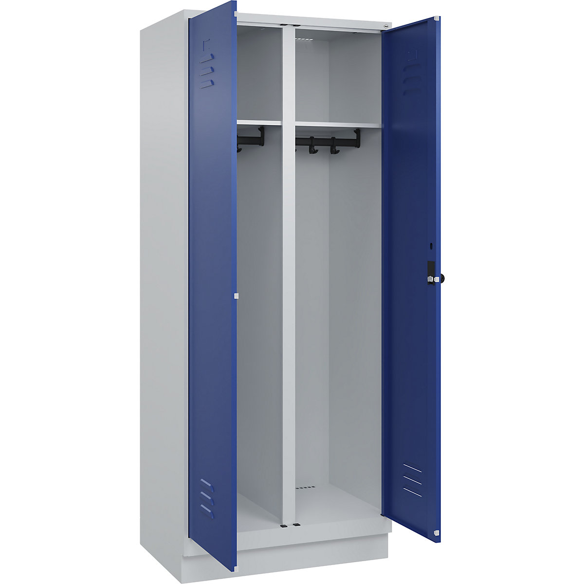 Armadietto sporco/pulito Classic PLUS – C+P, 1 scomparto, grigio chiaro / blu genziana, alt. x largh. 1950 x 800 mm, con zoccolino, serratura girevole-0