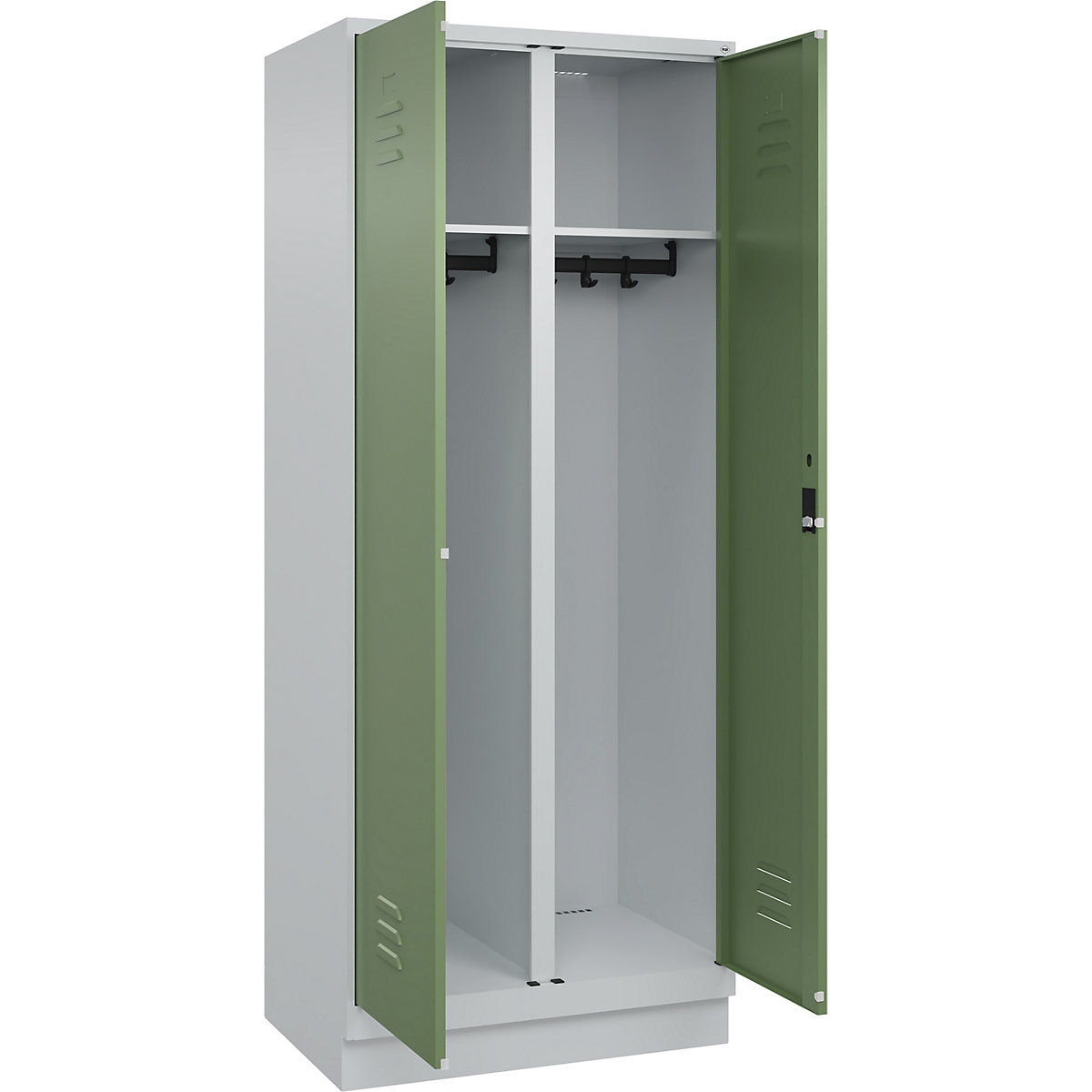Armadietto sporco/pulito Classic PLUS – C+P, 1 scomparto, grigio chiaro / verde reseda, alt. x largh. 1950 x 800 mm, con zoccolino, serratura a cilindro-0