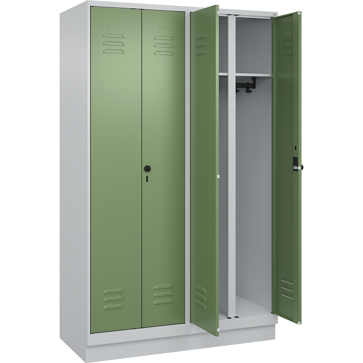Armadietto sporco/pulito Classic PLUS – C+P, 2 scomparti, grigio chiaro / verde reseda, alt. x largh. 1950 x 1200 mm, con zoccolino, serratura girevole-0