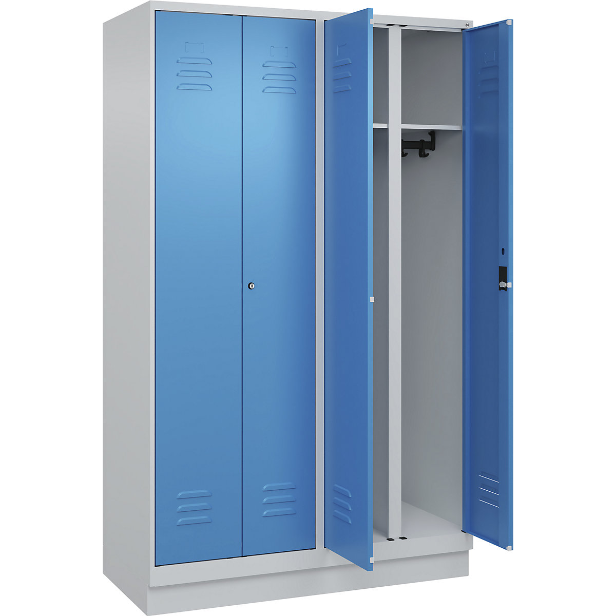 Armadietto sporco/pulito Classic PLUS – C+P, 2 scomparti, grigio chiaro / blu chiaro, alt. x largh. 1950 x 1200 mm, con zoccolino, serratura a cilindro-0
