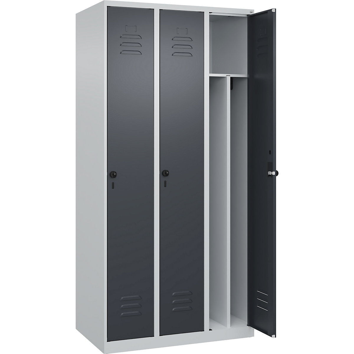 Armadietto sporco/pulito Classic PLUS, stretto – C+P, 3 scomparti, tramezza ridotta, grigio chiaro / grigio, largh. 900 mm, con piedini a pavimento, serratura girevole, parete divisoria centrale-0