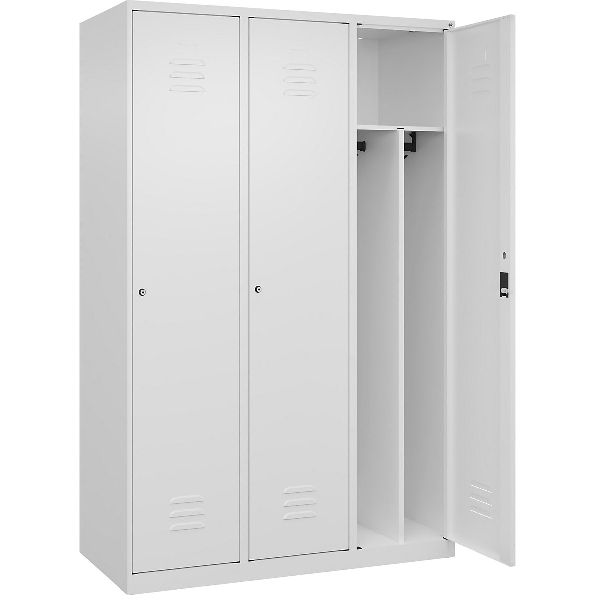 Armadietto sporco/pulito Classic PLUS, stretto – C+P, 3 scomparti, tramezza ridotta, bianco traffico, largh. 1200 mm, con piedini a pavimento, serratura a cilindro, parete divisoria centrale-0