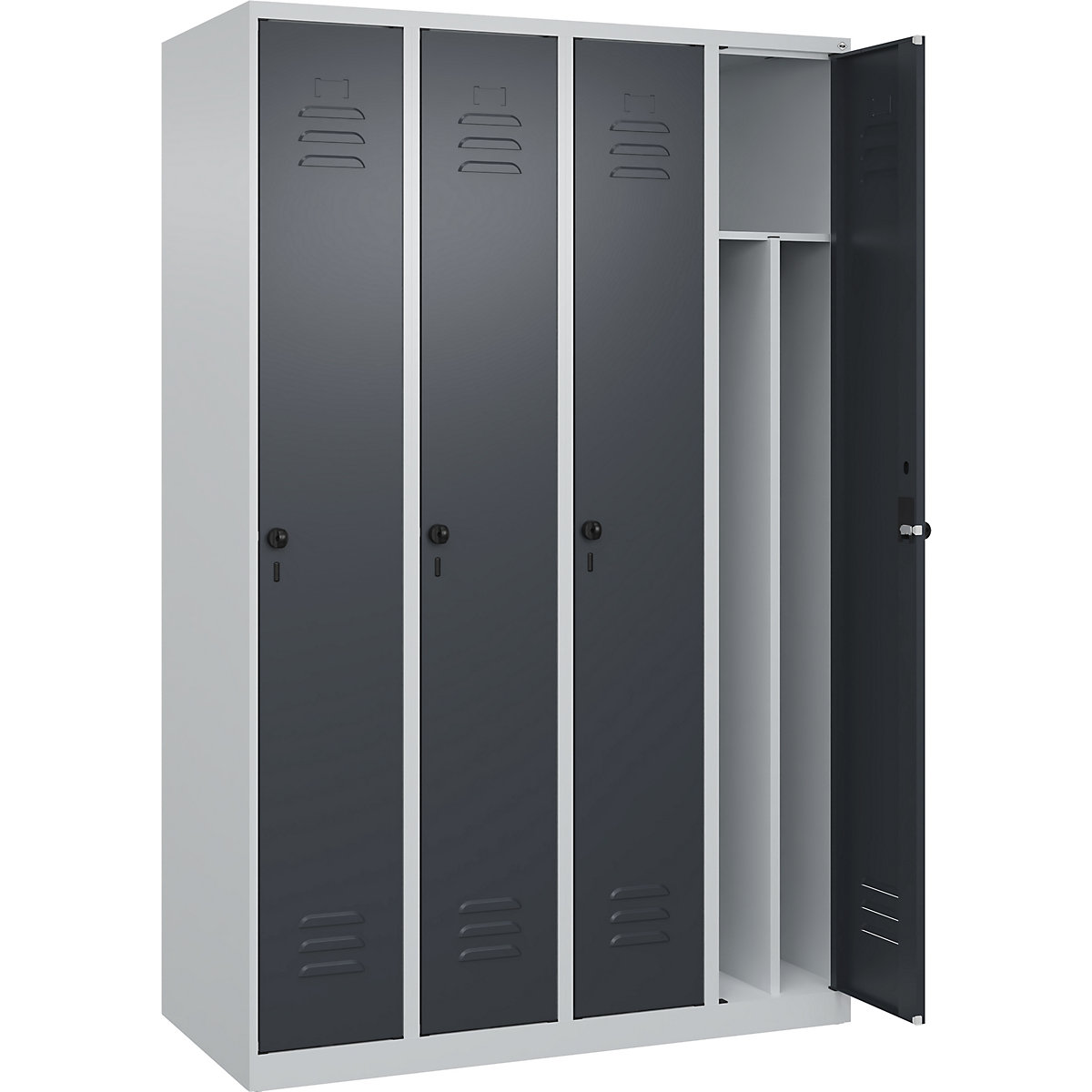 Armadietto sporco/pulito Classic PLUS, stretto – C+P, 4 scomparti, tramezza ridotta, grigio chiaro / grigio, largh. 1200 mm, con piedini a pavimento, serratura girevole, parete divisoria centrale-0