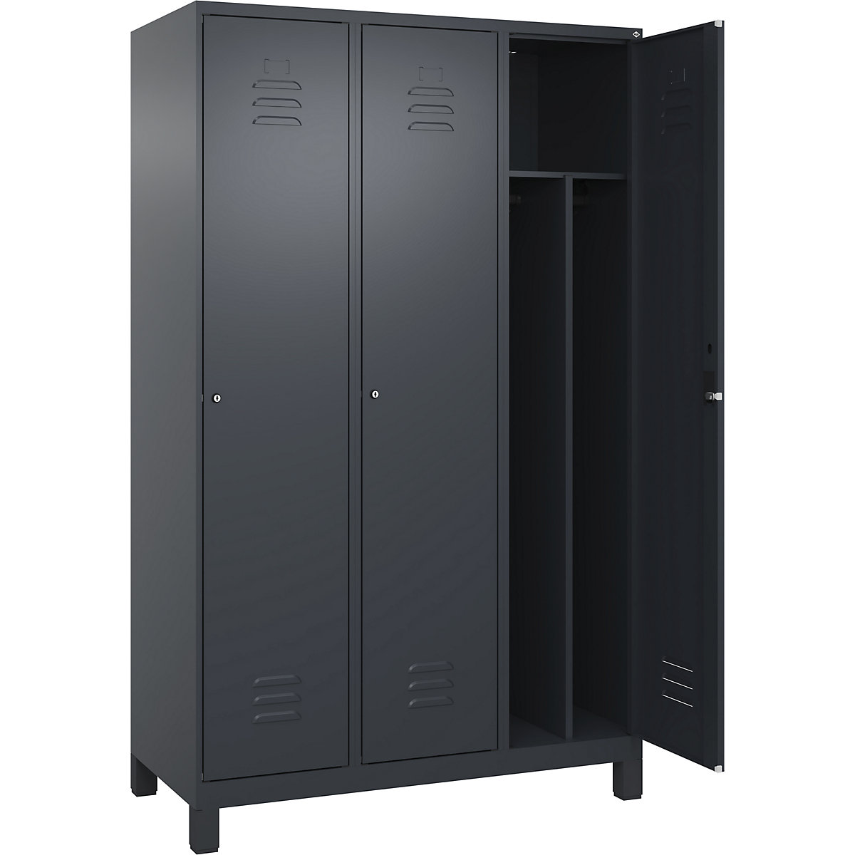 Armadietto sporco/pulito Classic PLUS, stretto – C+P, 3 scomparti, tramezza ridotta, grigio, largh. 1200 mm, con piedini, serratura a cilindro, parete divisoria centrale-0