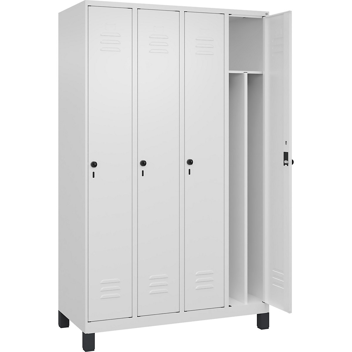 Armadietto sporco/pulito Classic PLUS, stretto – C+P, 4 scomparti, tramezza ridotta, bianco traffico, largh. 1200 mm, con piedini, serratura girevole, parete divisoria centrale-0