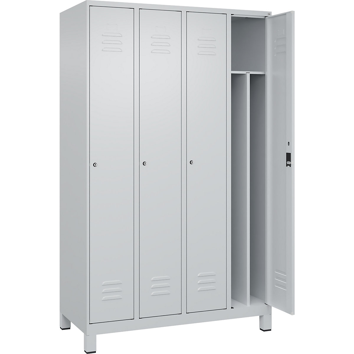 Armadietto sporco/pulito Classic PLUS, stretto – C+P, 4 scomparti, tramezza ridotta, grigio chiaro, largh. 1200 mm, con piedini, serratura a cilindro, parete divisoria centrale-0