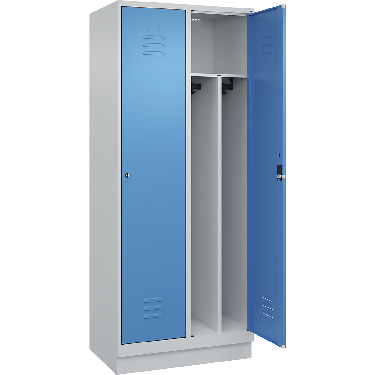Armadietto sporco/pulito Classic PLUS, stretto – C+P, 2 scomparti, tramezza ridotta, grigio chiaro / blu chiaro, largh. 800 mm, con zoccolino, serratura a cilindro, parete divisoria centrale-0