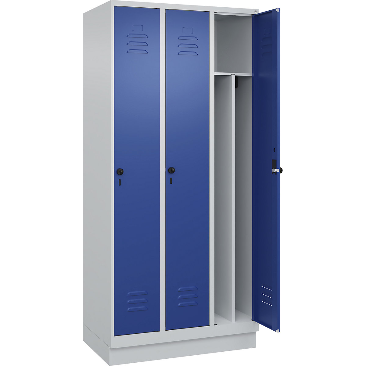Armadietto sporco/pulito Classic PLUS, stretto – C+P, 3 scomparti, tramezza ridotta, grigio chiaro / blu genziana, largh. 900 mm, con zoccolino, serratura girevole, parete divisoria centrale-0